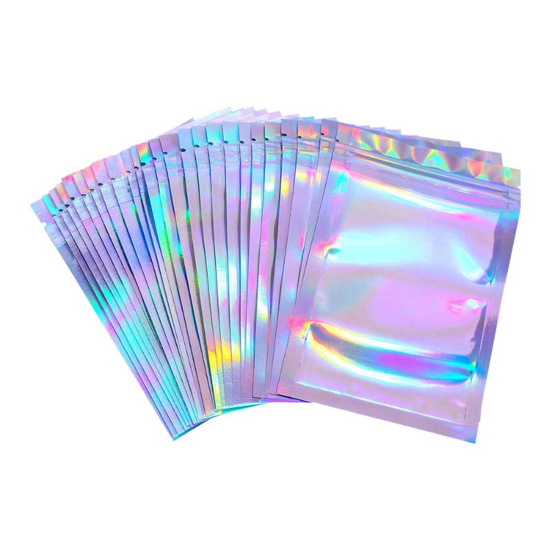 

100 pcs Bags Pouches Cosmetic Plastic Laser Iridescent Bags Holographic Makeup Hologram Zipper