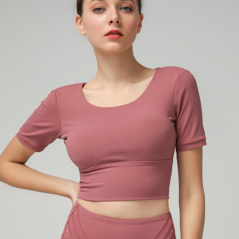 

Short Sleeve Crop Tops Sports T Shirts Bra Women Workout Gym Yoga Running Tank Top Fitness Shirt Pad Strappy Cross Back Croptops, White yoga bra