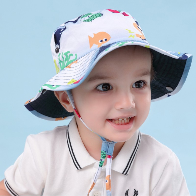 

Summer Toddler hat Baby Boys Girls Toddler Cartoon Print Bucket Hats Caps Reversible Sun Headwear sun hats for girls 6-12M, Sky blue