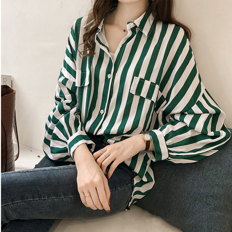 

Large Size Shirts Women 2020 New Spring Plus Size 4XL Korean Holiday Loose Striped Long Sleeve Shirt Female NS1954, Black