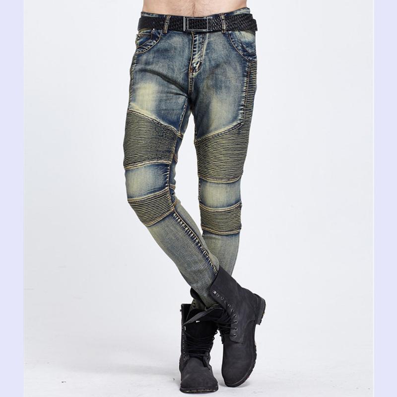 

Fashion Cotton Denim Men Ripped Pencil Jeans Pleated Trousers Zipper Gray Street Hip Skinny Male Biker Jeans Pants Pocket, Gray see photo