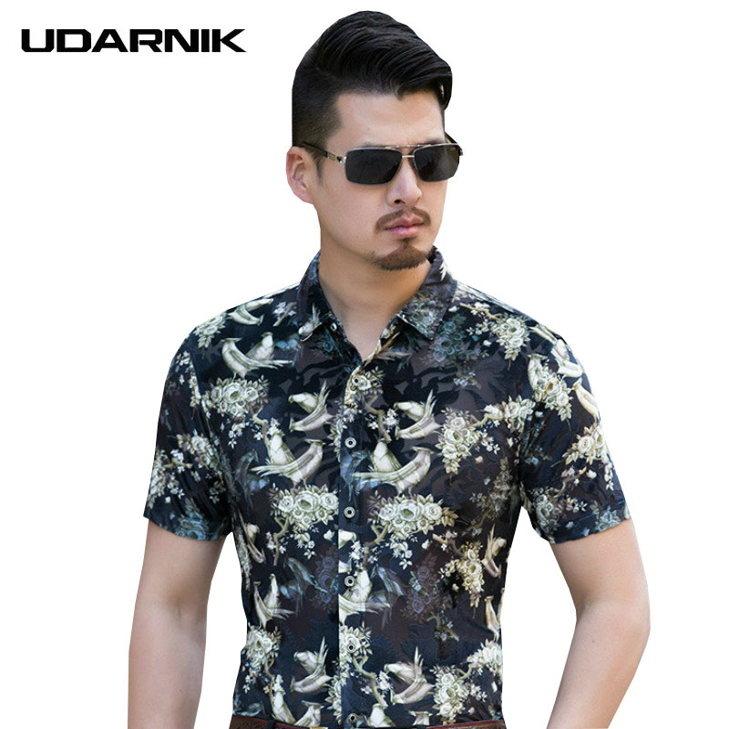 

Men Faux Silk Shirt Casual Slim Velvet Transparent Short Sleeve Print Blouse Turn-down Collar Streetwear Tops Summer 223-154, Blue