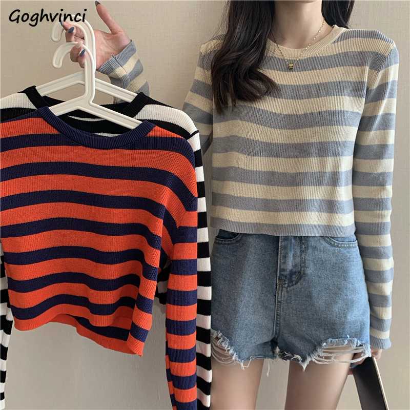 

Pullovers Women Striped Crop O-neck Loose Korean Students Streetwear All-match Stylish Female Chic Ulzzang Harajuku Autumn Knit, Blue-red