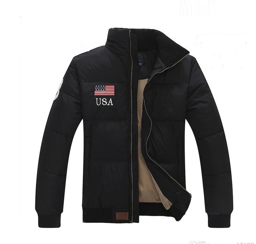 

NEW 2021 Stand Collar Warm US Flag Famous Pony Men Down jacket mens Appliques Zipper Outerwear sports cotton Horse Parkas coats, Black