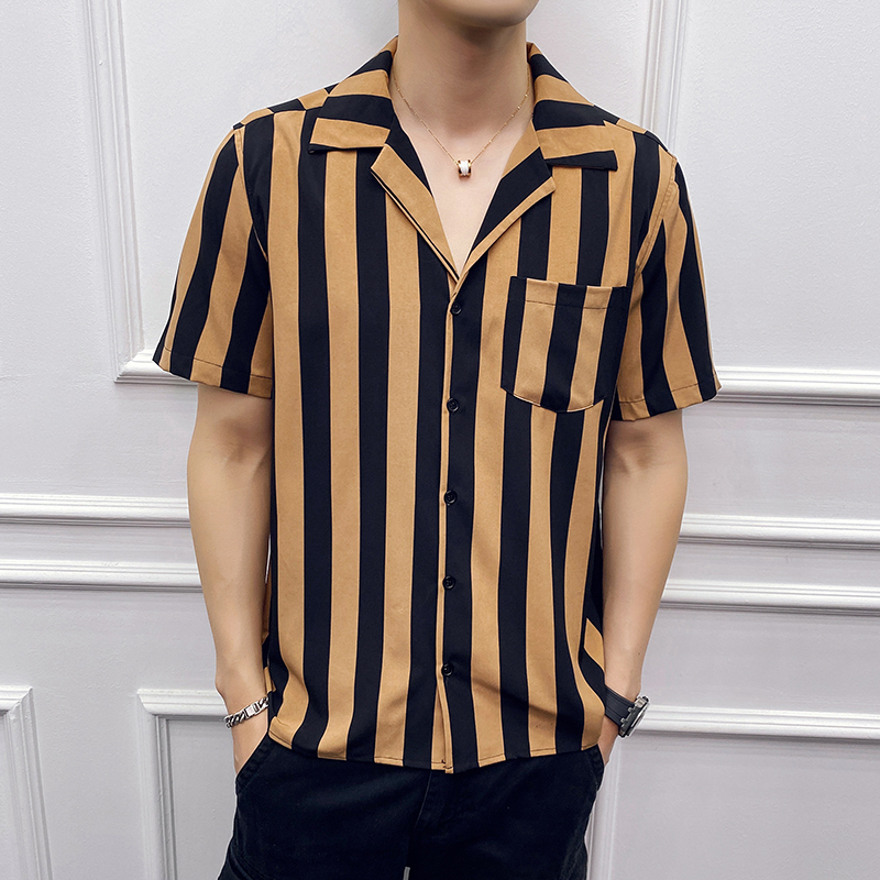 

Summer Striped Shirt Men Single Pocket Short Sleeved Casual Shirts Male 2020 New Streetwear Clothing Mens hawaiian shirt Sale, Blue
