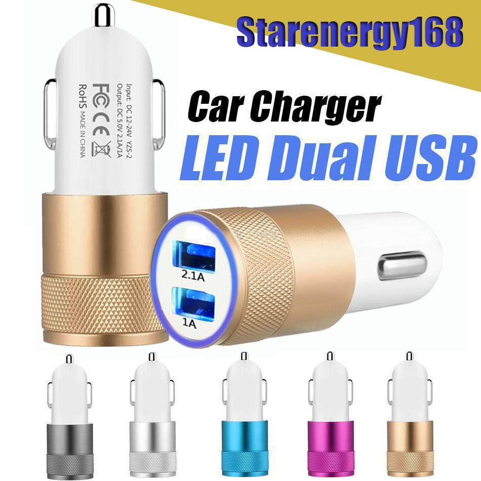 

168 Hot Aluminum Alloy 2 USB Ports Universal Intelligent Charging Strong Compatible DC12-24V 2.1A Dual USB Car Charger for All Mobile Phone, Mixed color