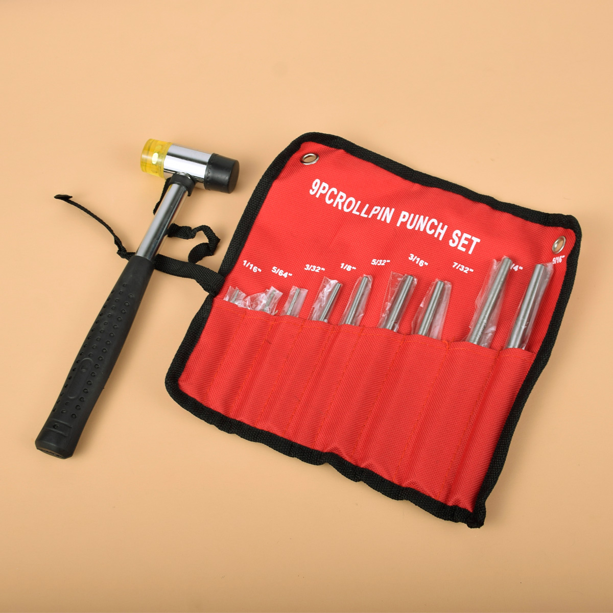 

Tactical 9Pcs Roll Professional Roll Pin Punch Set Double Faced Soft Rubber Mallet Hammer Combo Gun Catch Roll Up Case Tool Kit, Black