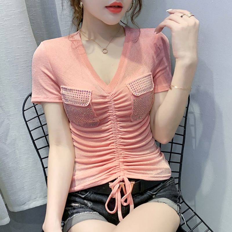 

Fashion short sleeve diamonds women t shirts V-Neck Pocket drawstring top female camisetas mujer women's shirt, Black