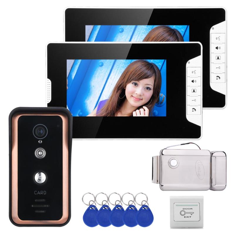 

Wired 7 inch Video Door Phone Video Intercom Doorbell System 2 Monitor 1 RFID Camera +Stainless Steel Electronic Door Lock