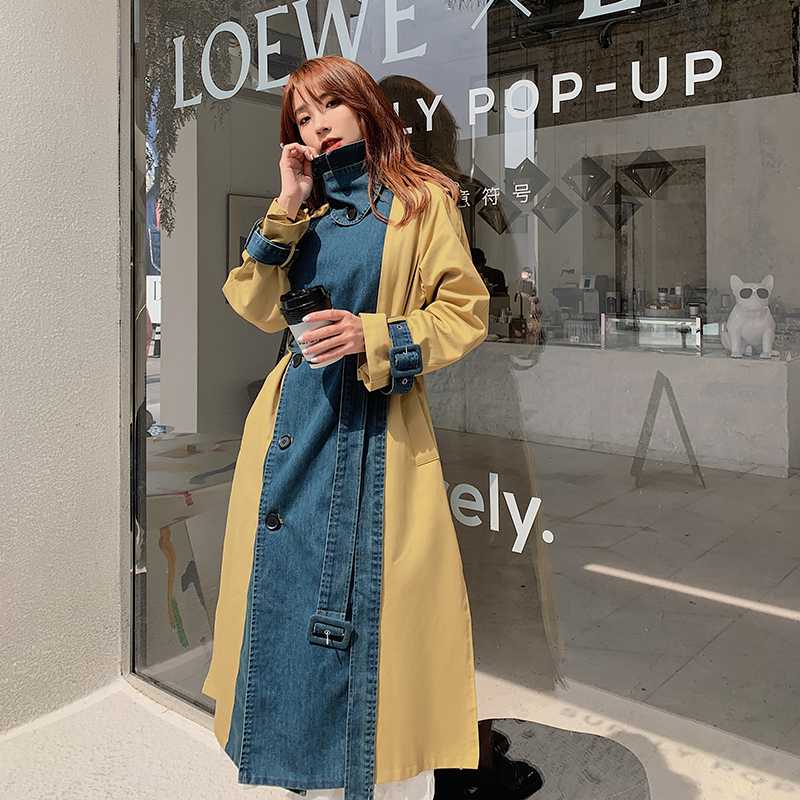 

2020 Spring New Korean Style Loose Patchwork Long Coat With Sashes Vintage Female Double Breasted Turn-down Collar Coats Tunic, Patchwork color