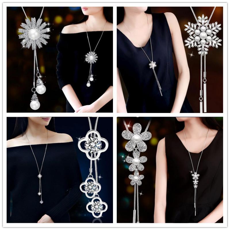 

Fashion Crystal Necklace Snow Pendants Women Sunflower Simluated Pearl Pendant Necklaces Long Sweater Chain Long Necklace