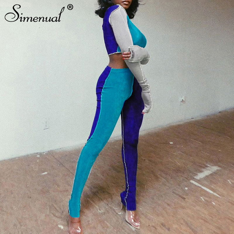 

Simenual Patchwork Sporty Casual Two Piece Set Women Long Sleeve Workout Fashion Bodycon Active Wear Outfit Top And Leggins Sets T200808, Blue