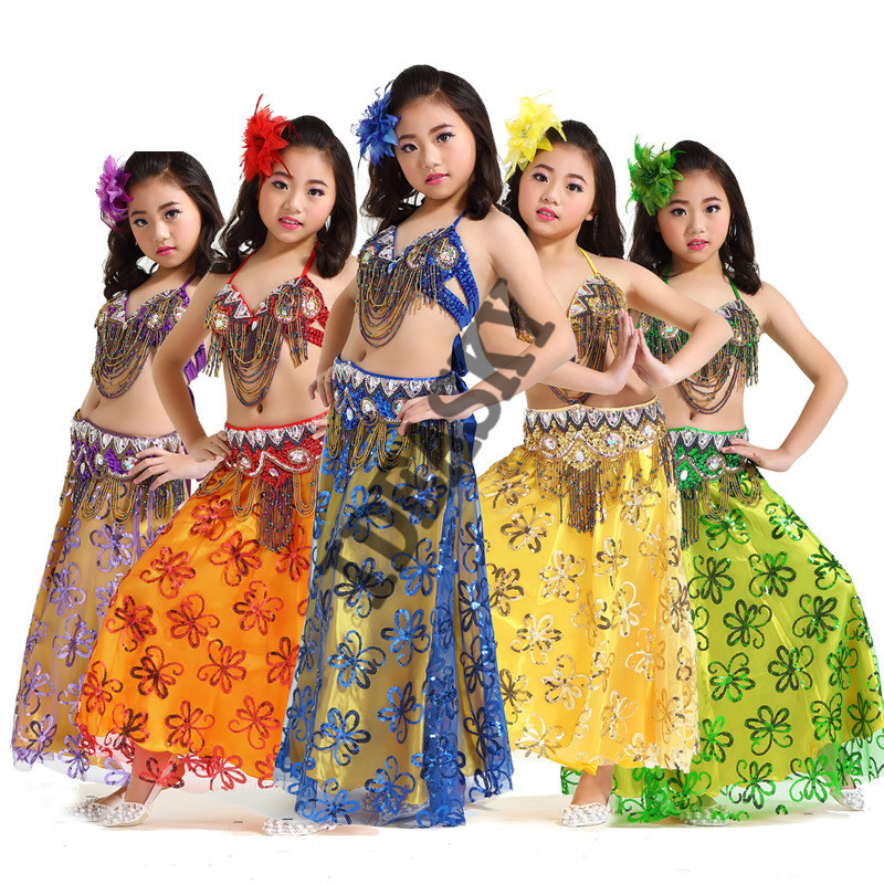 

Girls Children Dance Costumes Set Professional Belly Dance Set New Beaded Bra Belt Sequins Skirt Kids Performance Costume, Silver 2pcs