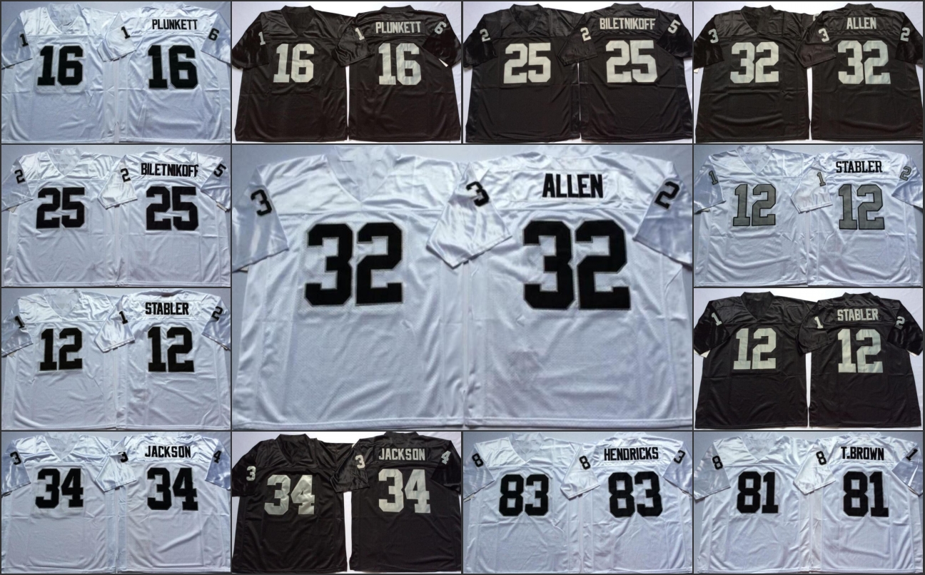 NCAA Vintage Jersey 16 Jim Plunkett 32 Marcus Allen 25 Fred Biletnikoff 12 Ken Stable 34 Bo Jackson 81 T.Brown Black Blanc Blanc Mens Hommes Jers