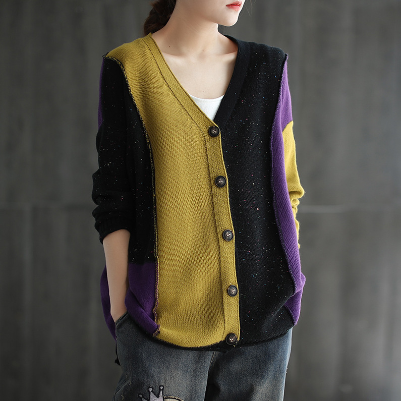 

Large size Knitting Sweater Coat Retro Women 2020 Autumn Winter Casual Loose All-match Tops New Spliced Female Cardigan Sweater, Figure 1