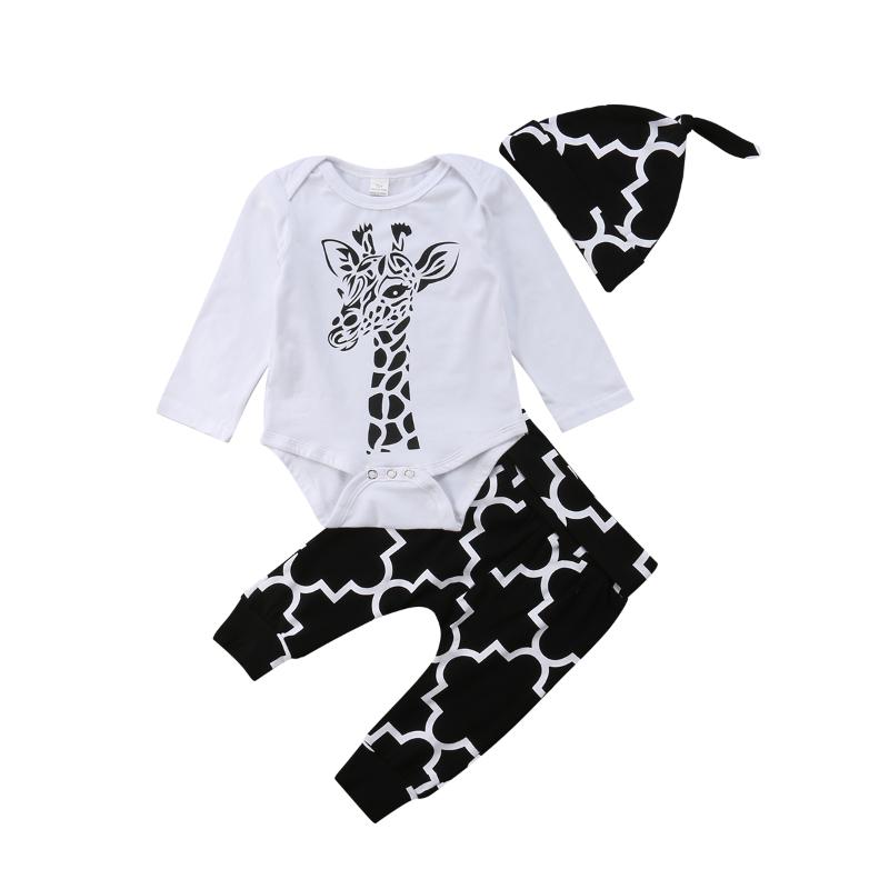 

Hot 3Pcs Baby Giraffe Clothes Sets Newborn Babies Boy Girl Bodysuit Tops +Long Pants Hat Outfits Clothing Set 0-18M ropa de, As pic