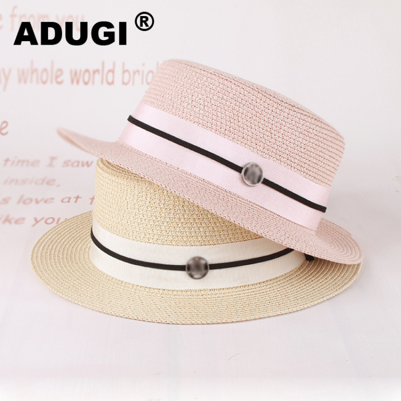 

ADUGI Summer New Straw Hat Female Pink Sun Hat Flat Edge Bowler Flat Top Small Edge Women's Sun Summer Adjustable, Khaki