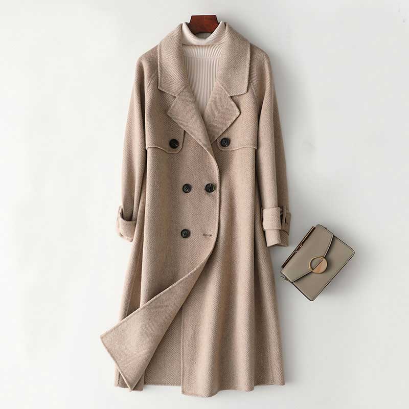 

2020 Autumn New Women Cashmere Long Coat Elegant Camel Woolen Coat Drouble Button Design Winter Warm Casaco Feminino