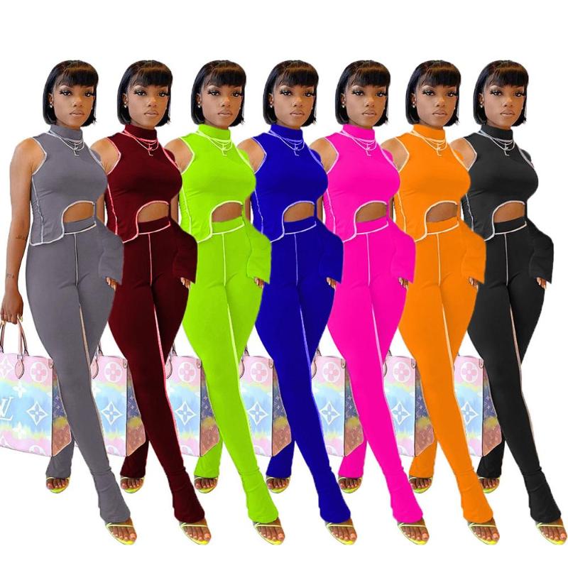 

VAZN 2020 New Special Hollow Out Sexy Club Solid Turtleneck Full Sleeve One Off Shoulder Long Pants Slim Women 2 Piece Set, Orange