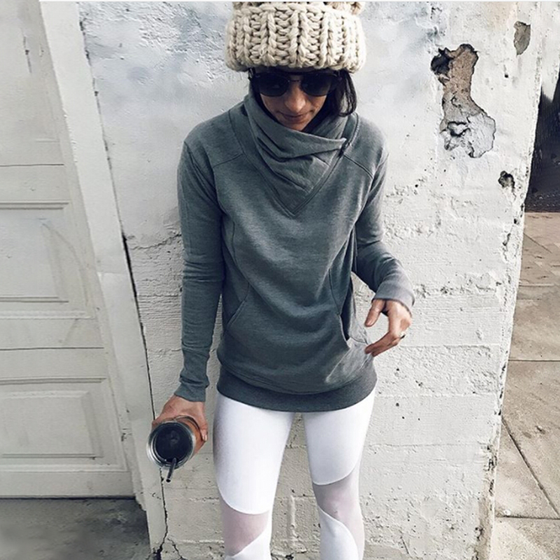 

Autumn spring Autumn women's Sweatshirts Fashion pockets solid zipper neck Casual Pullover tops winter grey slim dropshipping, Gray