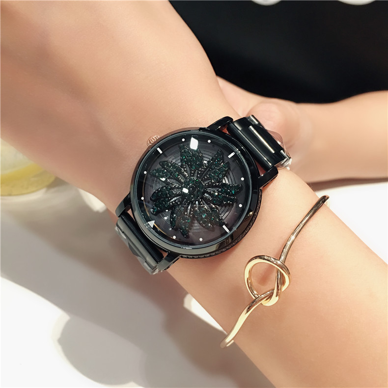 

2020 Popular Rotating Zircon Flower Watch Fashion Delicate Gold Steel Strap Wirst Quartz Watch For Women Gift, Brown