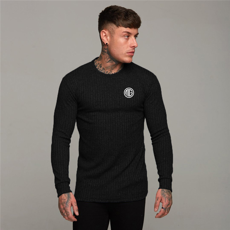 

Machinefitness Slim Fit Long Sleeve Sweaters Mens Spring Fashion Knitted Sweaters Men Casual O-Neck Pullovers Men Brand Clothing, Black blank