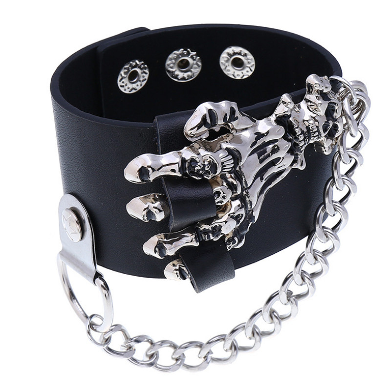 

Punk Rock Hiphop Men Wide Bracelet Metal Skull Hand Charm Wristbands Black Cuff Leather Bangle Wrap Fashion Gothic Women Jewelry