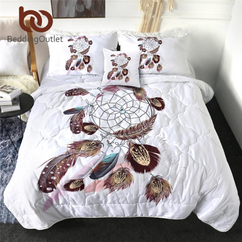 

BeddingOutlet Dreamcatcher Quilt Blanket Bohemian Bedding Throws for Adult Feathers Bedspreads White Bed Cover Set Queen 4pcs