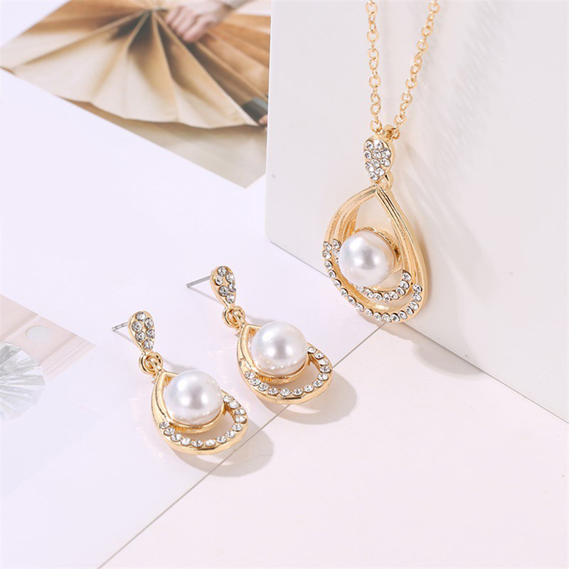 

Fashion Classic Crystal Pearl Water Drop Earring Necklace Set Rhinestone Wedding Jewelry Gifts Pendant Earrings, As pic