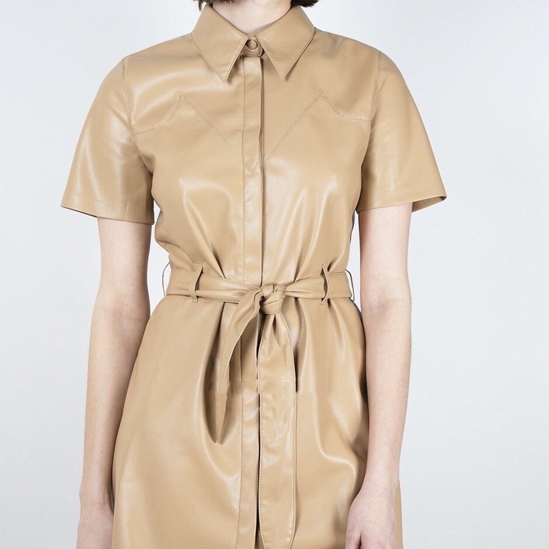 

Lady leather 2020 new soft vegan leather belt two color color dress with short sleeves, Black