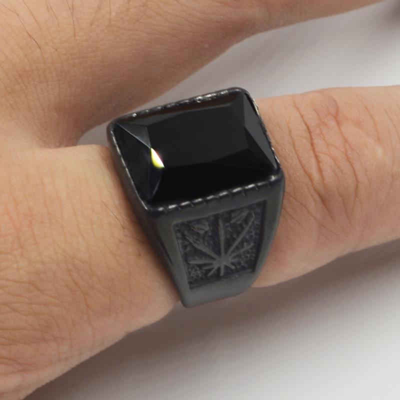 

Hip hop Square Black Red Stone Stainless steel Retro Signet leaves Ring Rock Punk Male Jewelry Accessories Boyfriend Gift