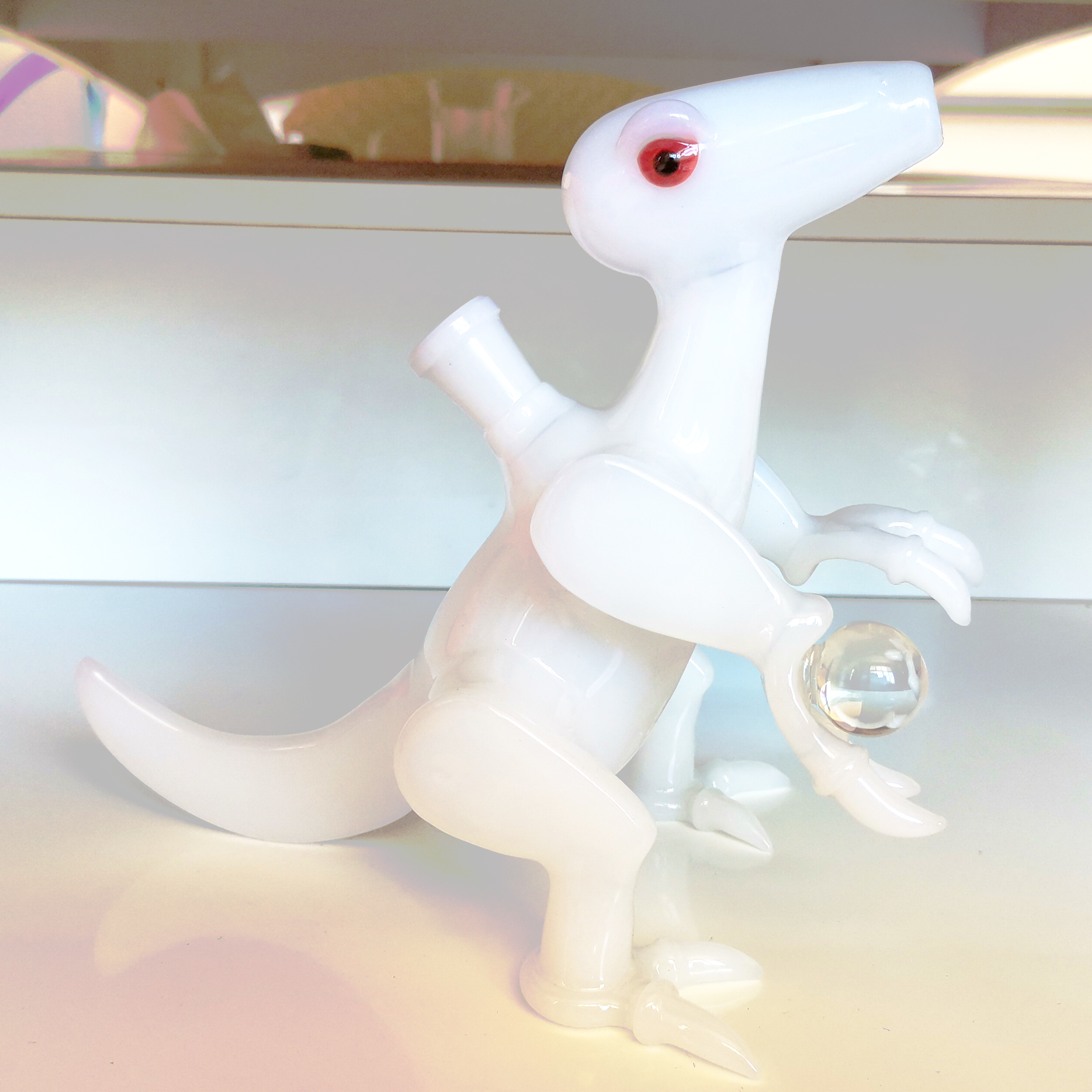 

Glass Dino Bong Beaker Rigs With 14.4MM Male Joint White Color Handmade Craft Glass Water Pipes Bubbler