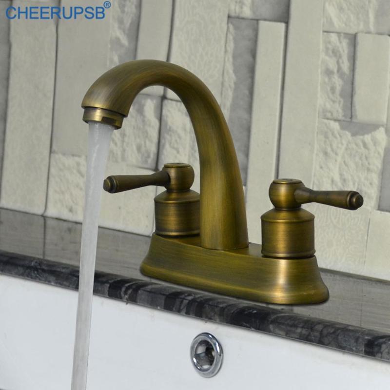 

Vintage Basin Gold Faucet Bathroom Hot Cold Water Mixer Tap Dual Hole Double Handle Faucets Ceramic Spool Brushed Brass Taps