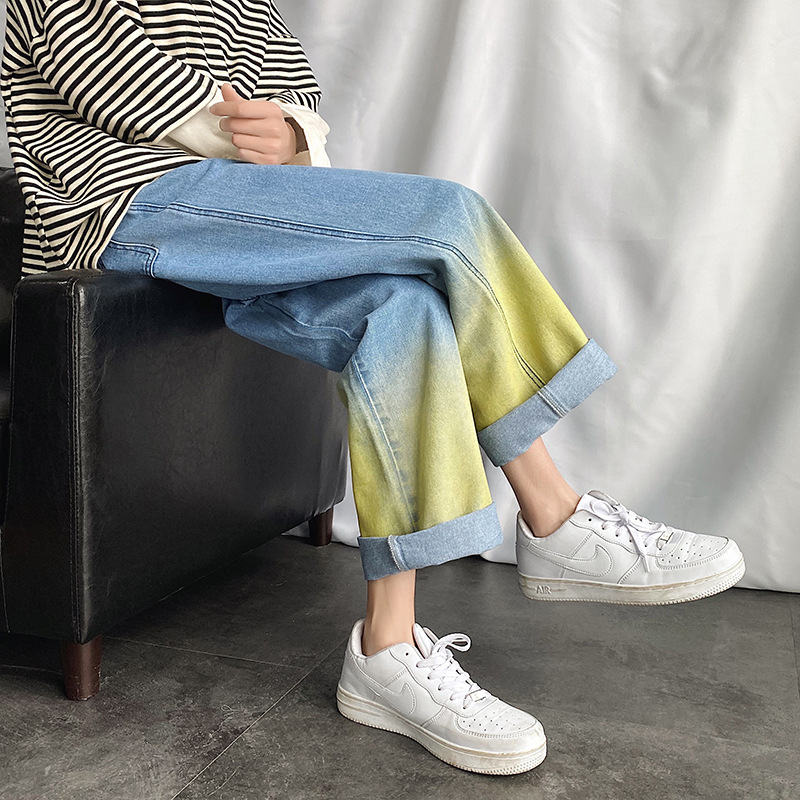 

Korean Men' Gradient Straight Jeans 2020 Summer Women Wear Casual Denim Pants Man Loose Wide Leg Jeans Pants, Blue