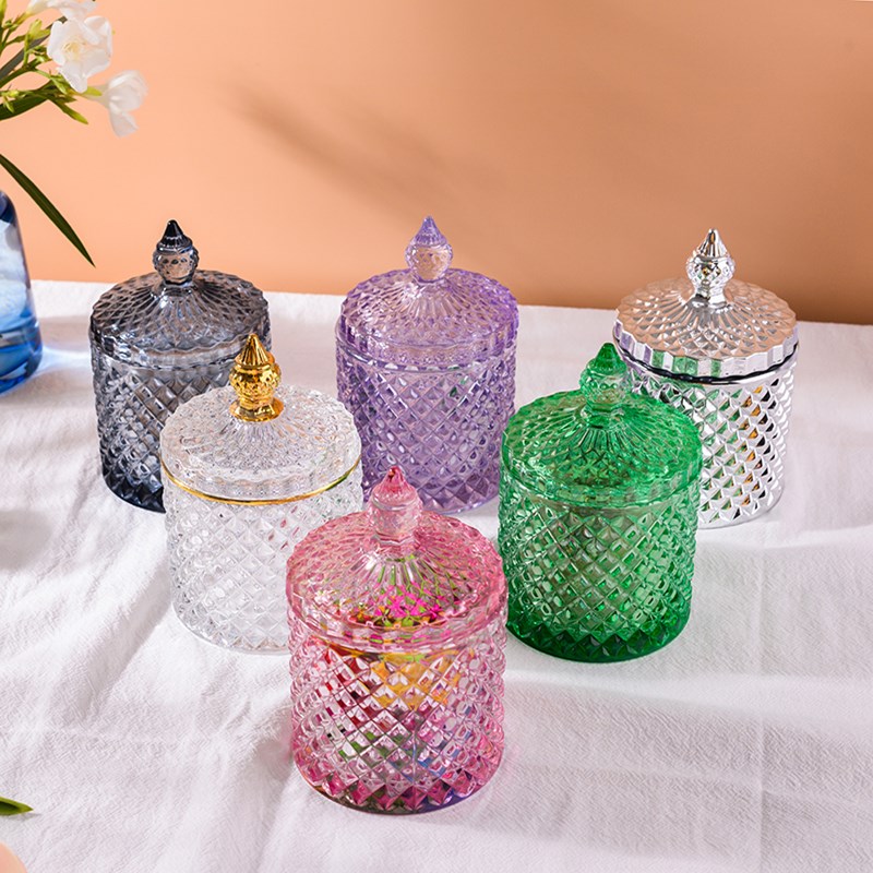 

Colorful Diamond Glass Jar With Lid Nordic Gold And Silver Kitchen Spice Candy Storage Box Jewelry Decoration Glass Container