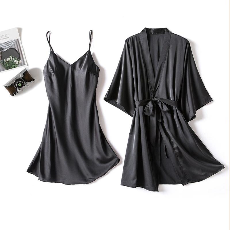 

Satin Silk Pajamas Women Set Nightdress Lingerie Robes Underwear Sleepwear Solid Sexy Robe Dress Nightwear Homewear Pyjamas Sets, Black