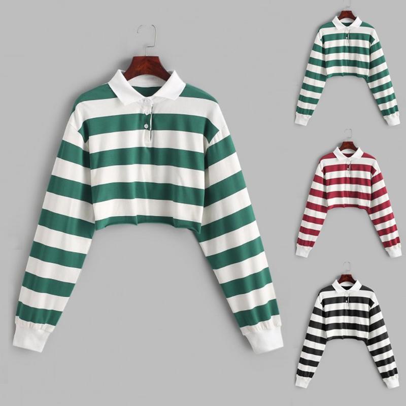 

Women' Sweatshirt short Stripe Print Button Pullover Long Sleeve plus size chic Vigorous Hoodie fashion turn down collar 8.10, Bk