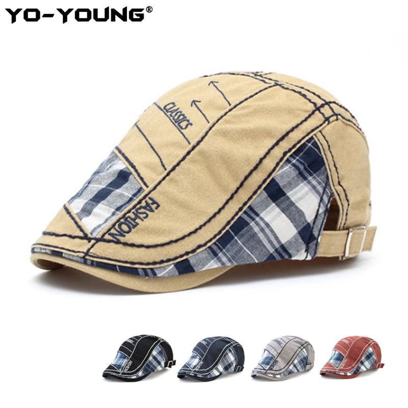 

Yo-Young Adjustable Plaid Beret Caps Men Outdoor Sun Hats Breathable Bone Brim Hats Cotton Flat Peaked Cap Newsboy Gorras Bone