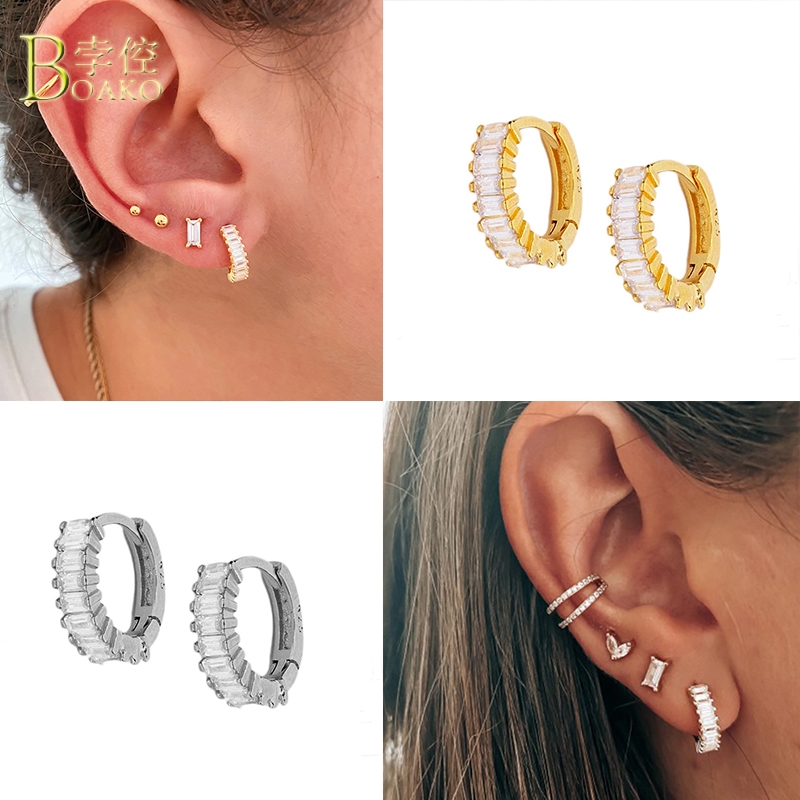 

BOAKO 925 Sterling Silver Hoop EarringS INS Earrings Rectangular Zircon Earings Wild Silver For Women Female S925 Aros