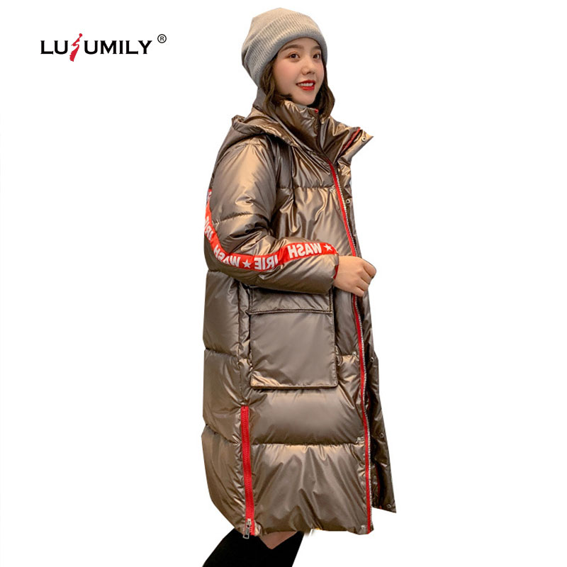 

Lusumily Glossy Down Jacket Winter Women Waterproof Epaulet Coat Plus Size Loose Warm Thick Long Parkas Hooded Jaqueta Feminina, Black