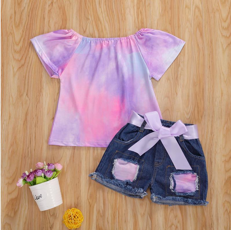 

Summer Fashion Children Girls Casual Color Tie-Dye Print Short Sleeve Top Hole Denim Shorts Set Children Clothing, As pic
