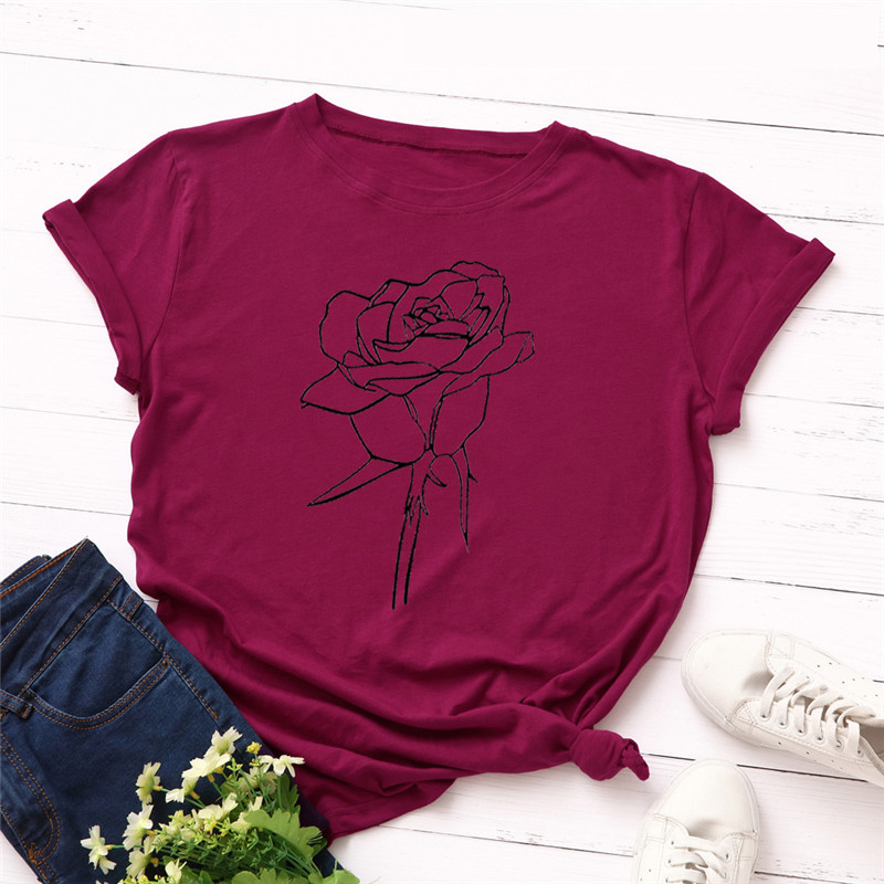 

Summer Fashion Rose Print T Shirt Women 100% Cotton O Neck Short Sleeve Oversized T-Shirt Tops Casual Tshirt Women Shirts, No pattern