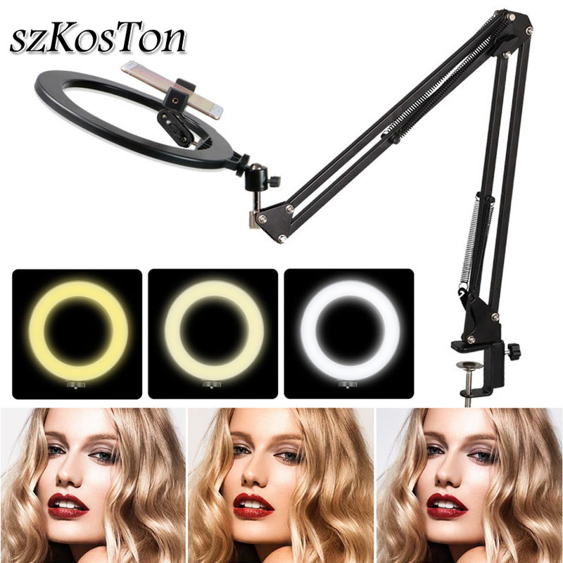 

26cm Dimmable Selfie Ring Light With Long Arm Desk Clip Tablet Mobile Phone Holder LED Studio Light For Live Video Makeup Photo