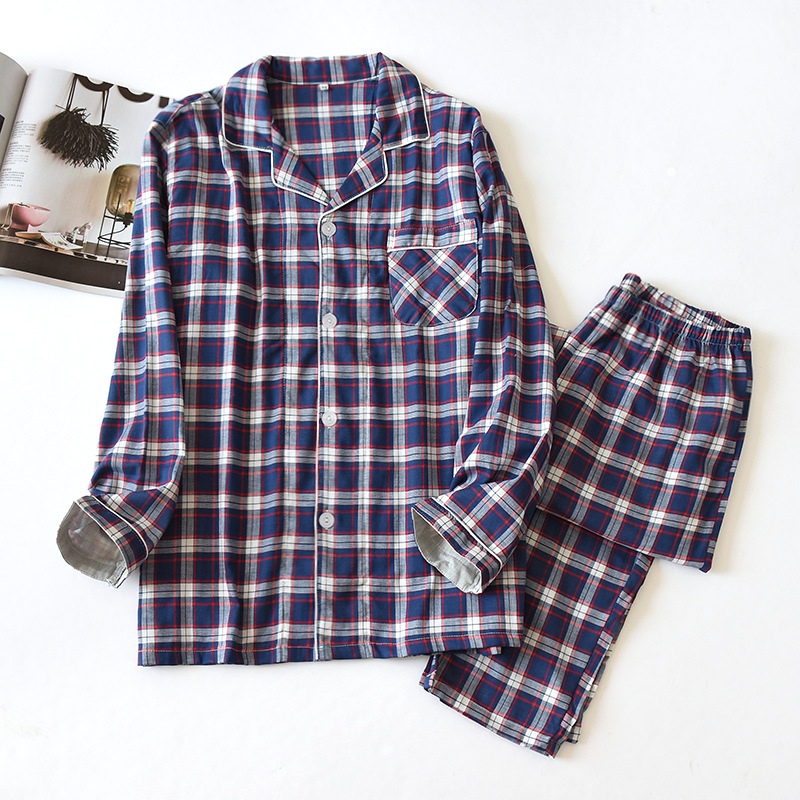 

New Cotton Gauze Long-sleeved Trousers Sleepwear Set Casual Lattice Men's Loose Pajamas Home Wear Suit for Spring Autumn Summer, Blue