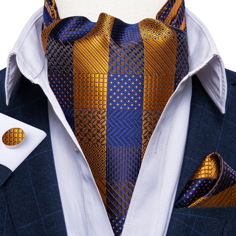 

Bow Ties Fashion Vintage 100%Silk Men Ascot Tie Gold Blue Check Wedding Party Necktie Cravat Pocket Square Cufflinks 3pcs Set DiBanGu