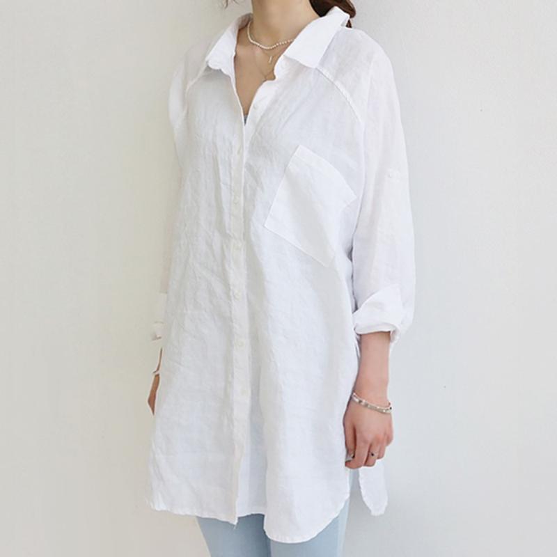 

Womens Oversized Blouse Loose Large Cotton Linen Long Sleeve Solid Color, Blue