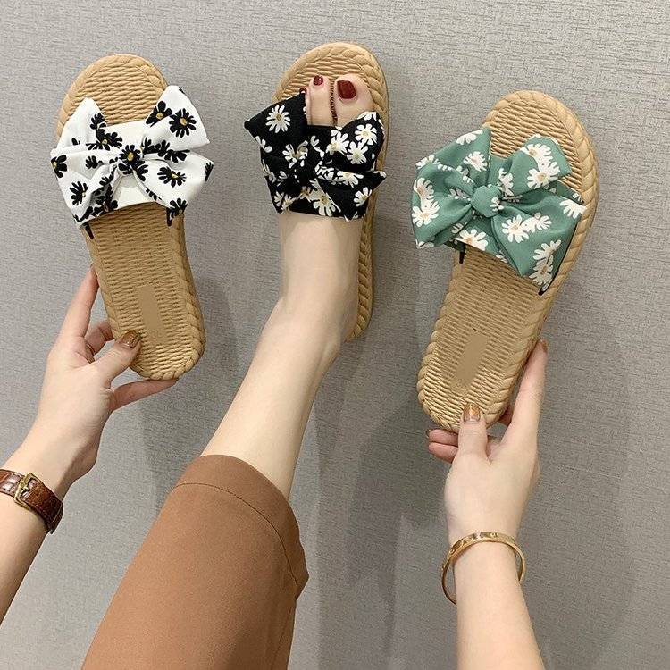 

JAYLAY Flat Platform Women Casual Sandals House Slip-On Bowknot Slippers Breathable Non-slip Soft Bottom Shoes, Black