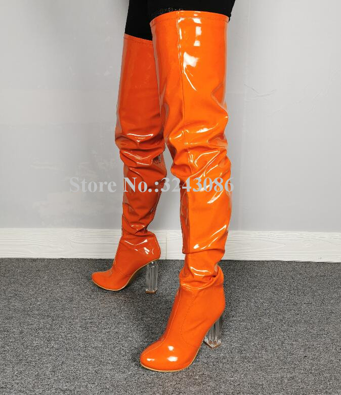 

New Orange Patent Leather Chunky Heel Woman Long Boots Sexy Transparent Thick Heel Over the Knee Thigh High Boots Real Photos