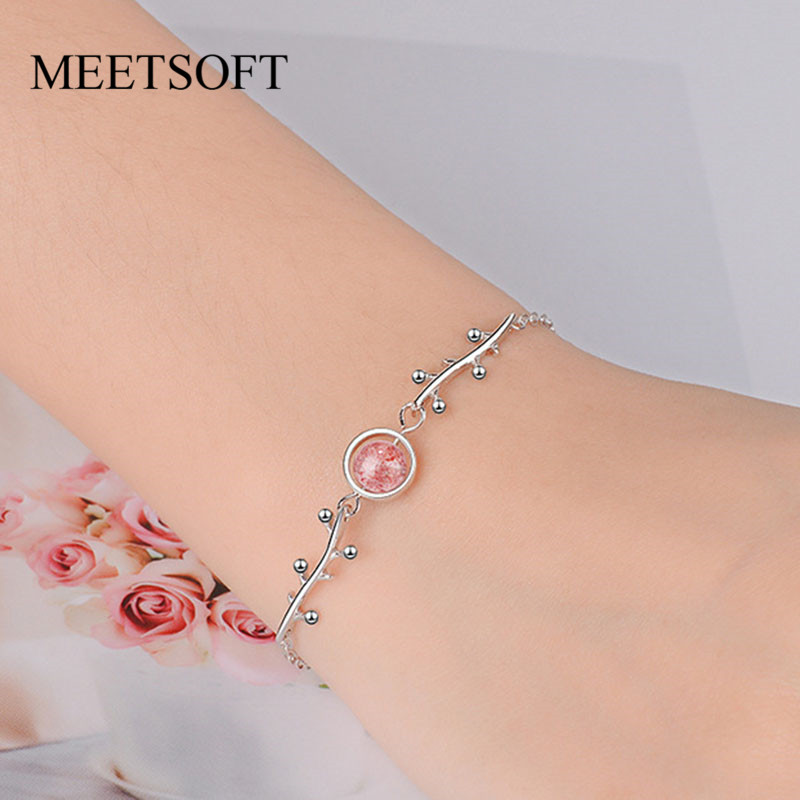 

MEETSOFT Silver Color Accessories Trendy Strawberry Bracelets For Women Popular Little Leaf Orb Jewelry Gift