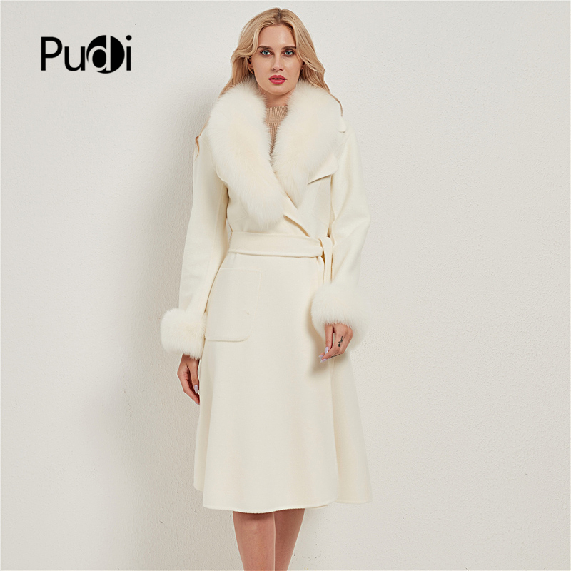 

Pudi women real fox fur coat jacket female lady wool blends coats jackets long trench with fox collar cuff CT032, White
